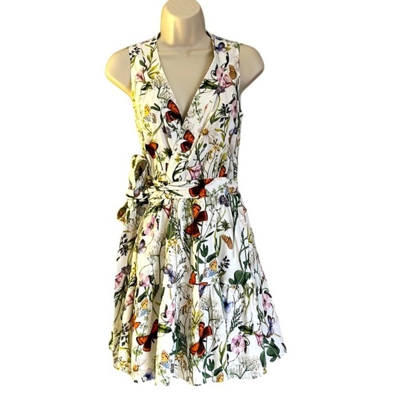 Christian Lacroix Mini  Wrap Dress Floral Butterfly Garden Linen Blend Small - Picture 3 of 8